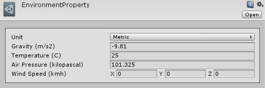 The Environment Properties Inspector with metric units and a zero wind vector.