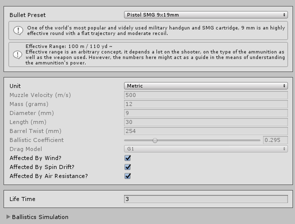 Bullet preset, physical properties and simulation toggles.