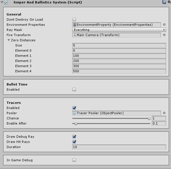 The original system Inspector with environment, firing transform, tracer pool and debugging settings.