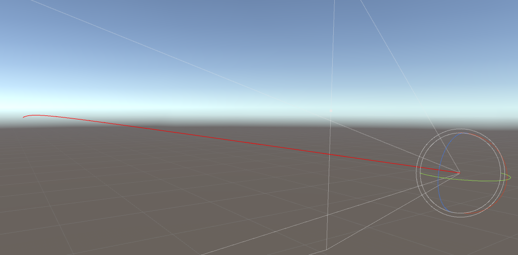 Scene view rays showing the simulated bullet trajectory.