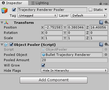 Object Pooler configured for the Bullet Trajectory Renderer.